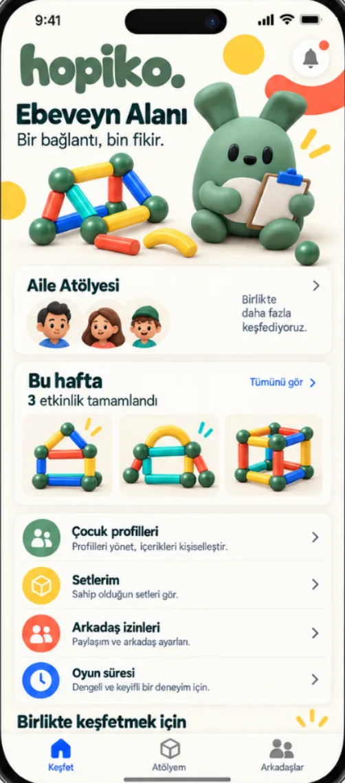 Ebeveyn Alanı ekranı: aile atölyesi, çocuk profilleri, setler, arkadaş izinleri, oyun süresi