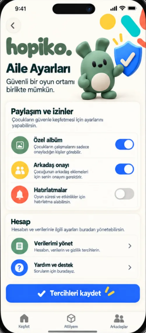 Aile Ayarları ekranı: özel albüm, arkadaş onayı, hatırlatmalar, verilerini yönet