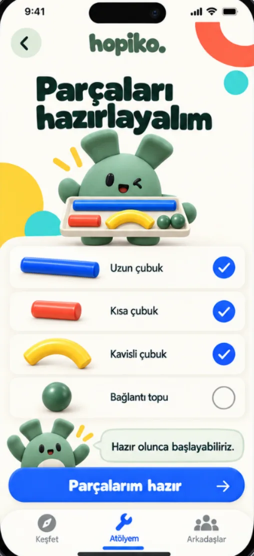 Parçaları hazırlayalım ekranı: uzun, kısa ve kavisli çubuklar, bağlantı topu