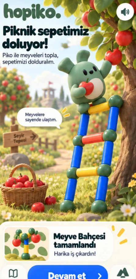 Oyun ekranı: Piko merdivenle meyvelere ulaşıyor