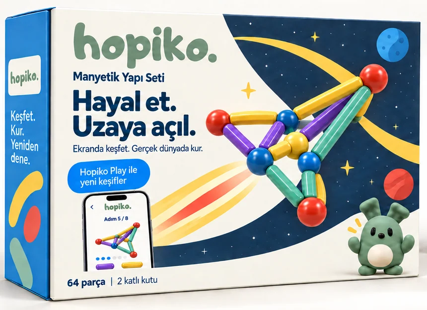 Hopiko Manyetik Yapı Seti kutusu, uzay teması: Hayal et. Uzaya açıl.