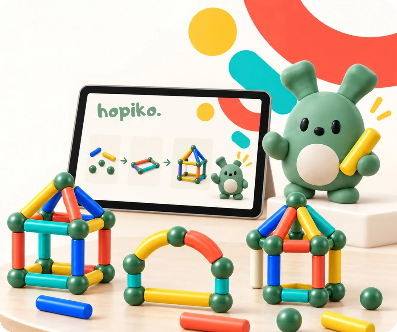 Masada Hopiko parçalarıyla kurulmuş ev, kemer ve kule; yanında Piko ve Hopiko Play açık bir tablet